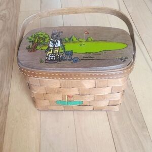 Vintage 60's Caro Nan Golf Themed Woven Basket Purse w Handle HandPainted Signed